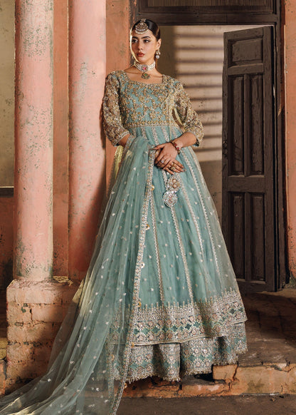 Ladies Pastel Green Embroidered Net Maxi Online in UK USA Canada