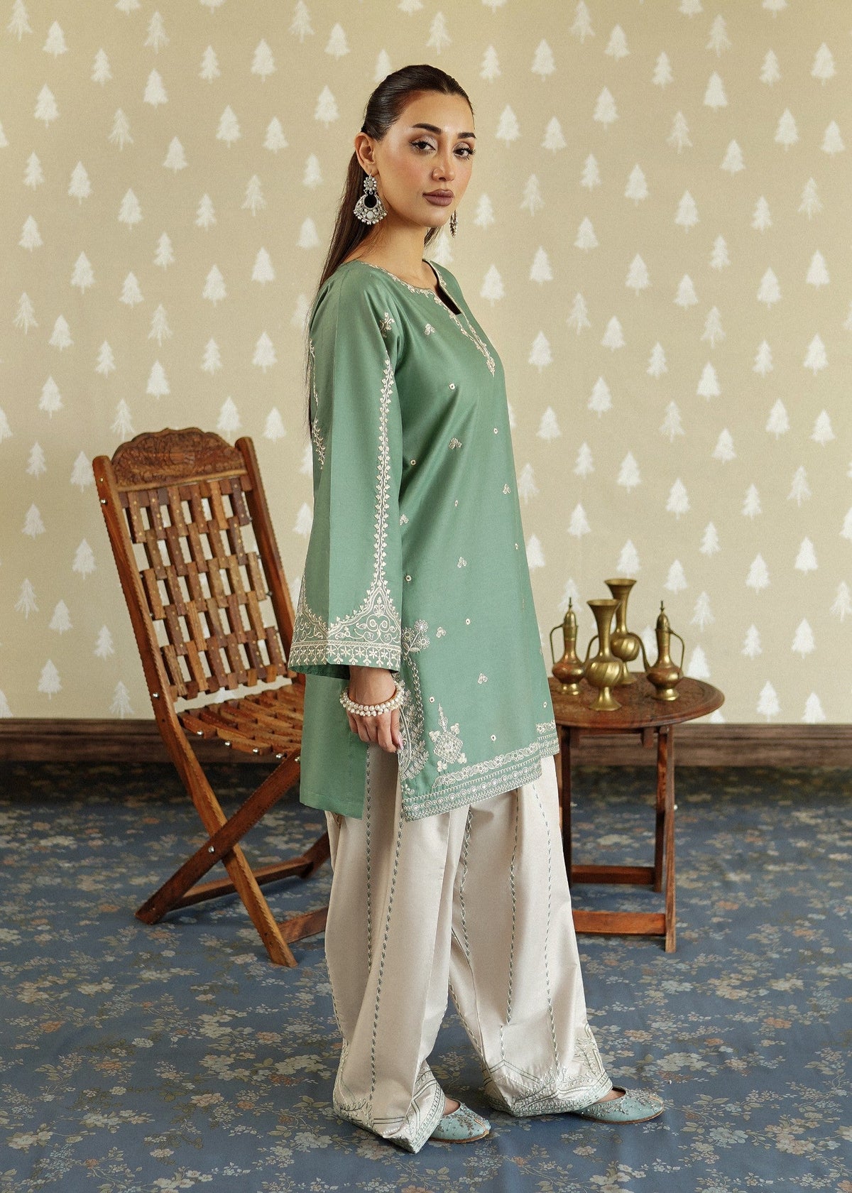 Ladies Pastel Green Lawn Farshi Shalwar Online in UK USA Canada