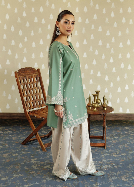 Ladies Pastel Green Lawn Farshi Shalwar Online in UK USA Canada