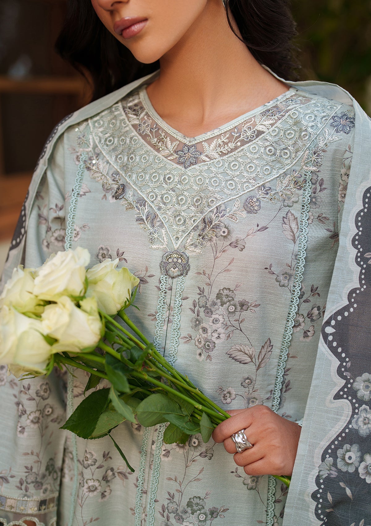 Ladies Pastel Grey Embroidered Lawn Suit Online in UK USA Canada
