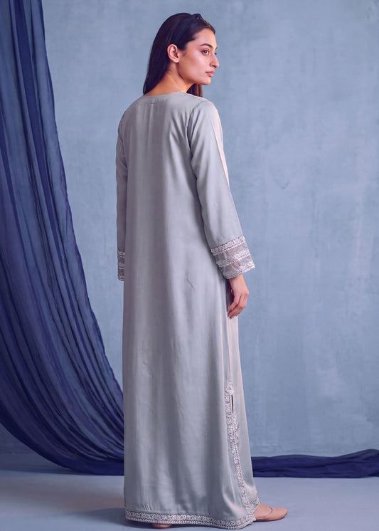 Ladies Pastel Grey Linen Kaftan Online in KSA Riyadh Saudi Arabia Oman Bahrain Qatar