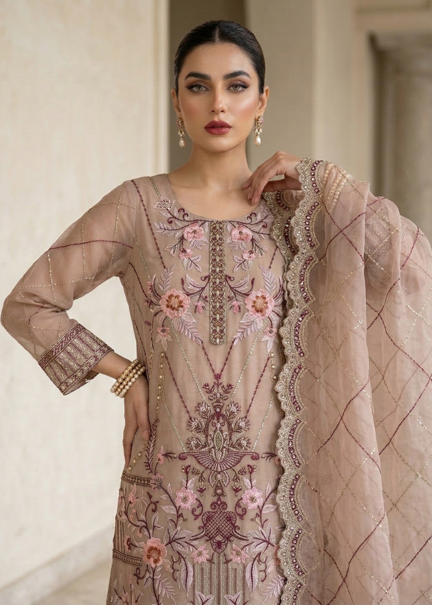 Ladies Pastel Pink Embroidered Kurta Suit Online in UK USA Canada