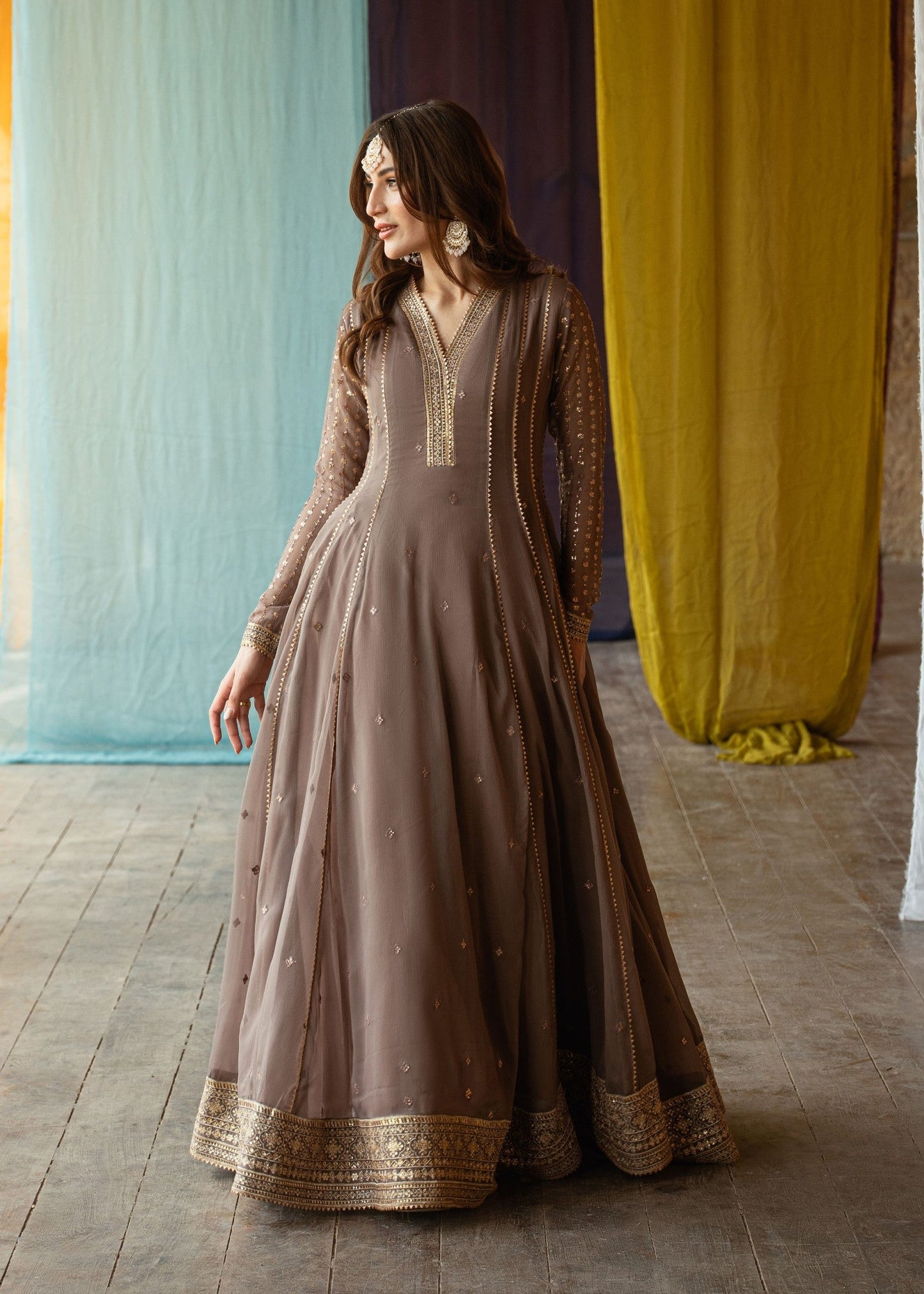 Ladies Peach Embroidered Chiffon Kurta Online in UK USA Canada