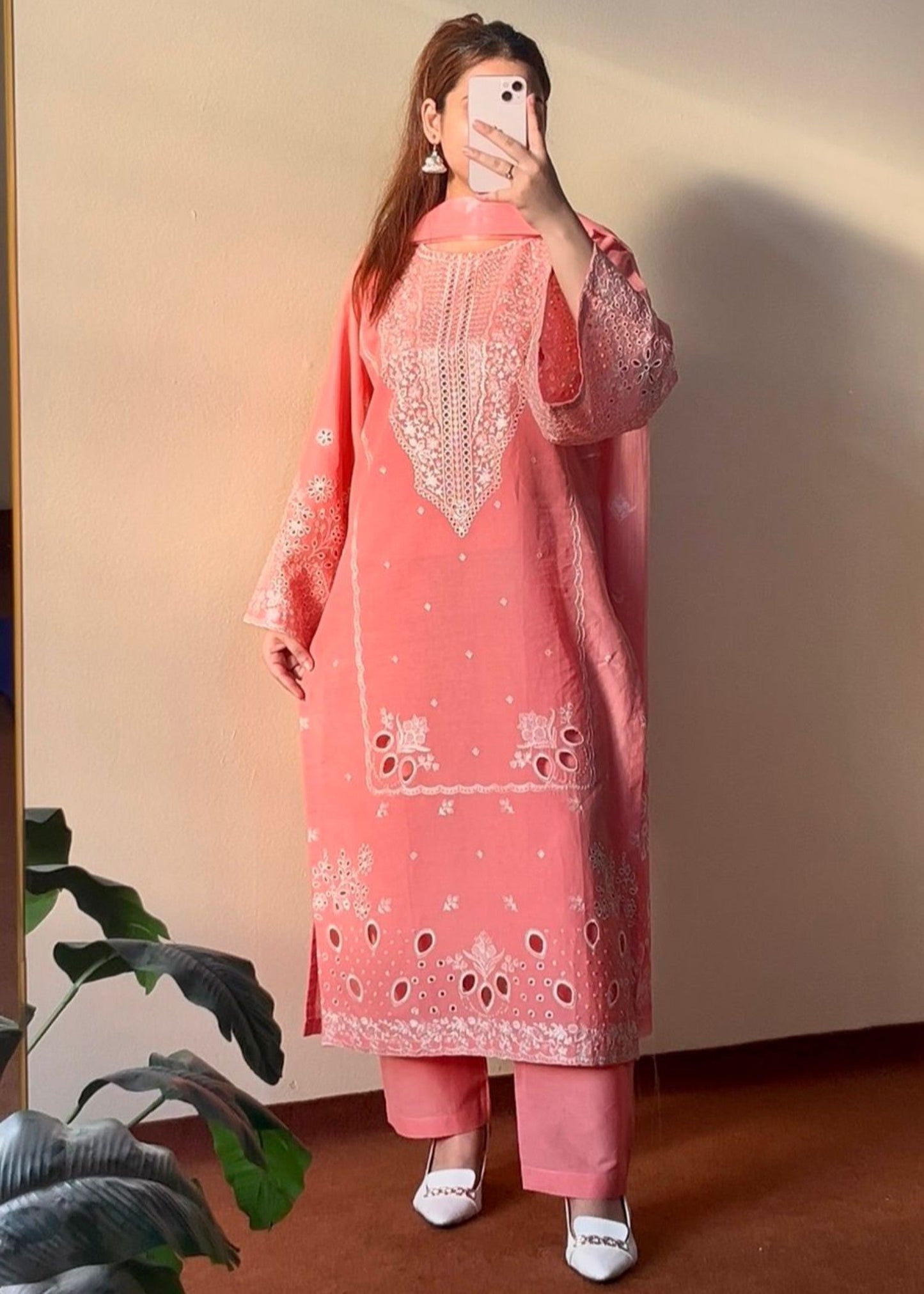Ladies Peach Embroidered Kurta Set Online in KSA Riyadh Saudi Arabia Oman Bahrain Qatar