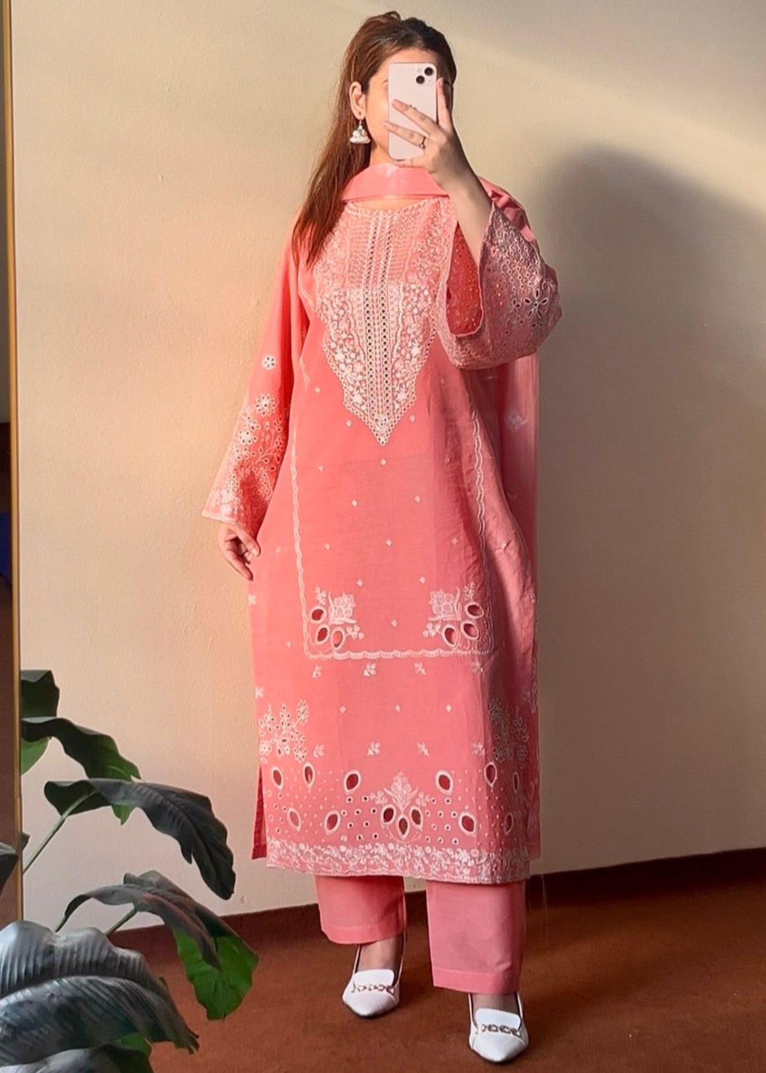 Ladies Peach Embroidered Kurta Set Online in KSA Riyadh Saudi Arabia Oman Bahrain Qatar