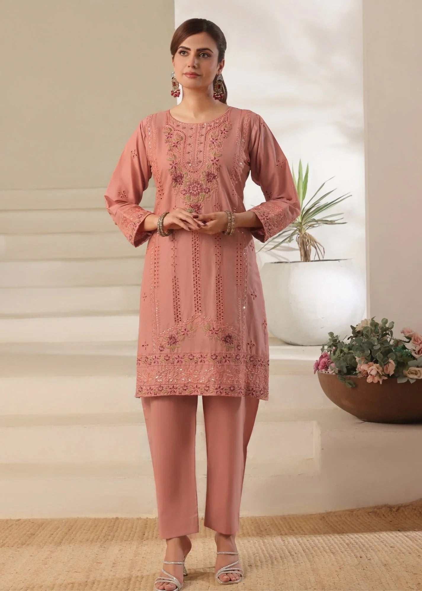 Ladies Peach Embroidered Lawn Kurta with Trouser Online in KSA Riyadh Saudi Arabia Oman Bahrain Qatar