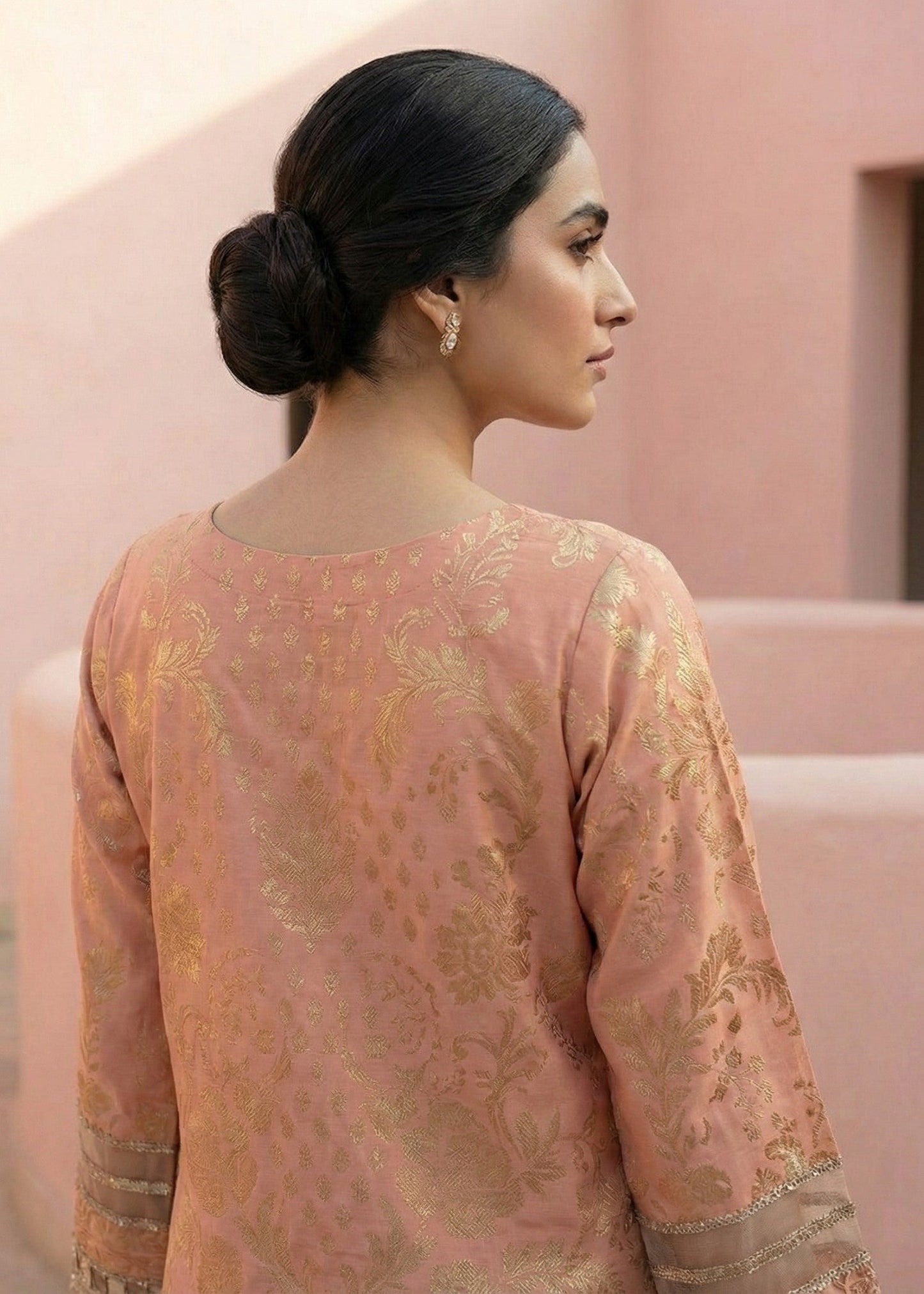Ladies Peach Embroidered Lawn Straight Kurta Online in UK USA Canada