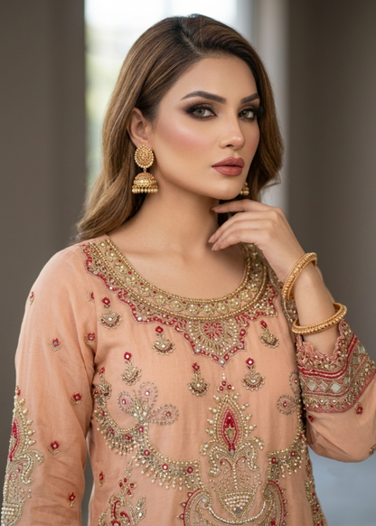 Ladies Peach Embroidered Organza Party Wear Suit Online in Dubai DXB UAE Abudhabi Meena Bazaar