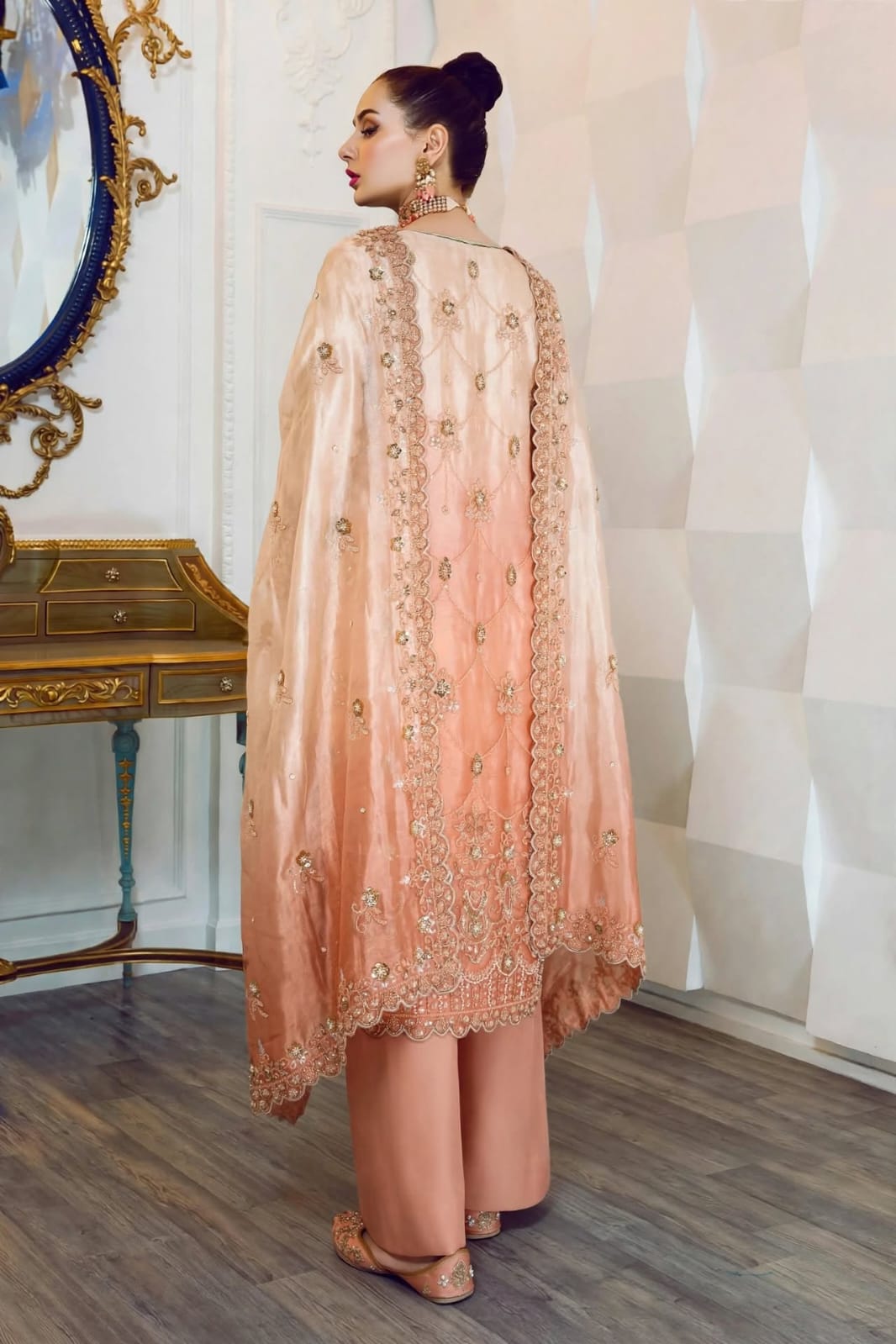 Ladies Peach Formal Silk Shalwar Kameez Online in UK USA Canada