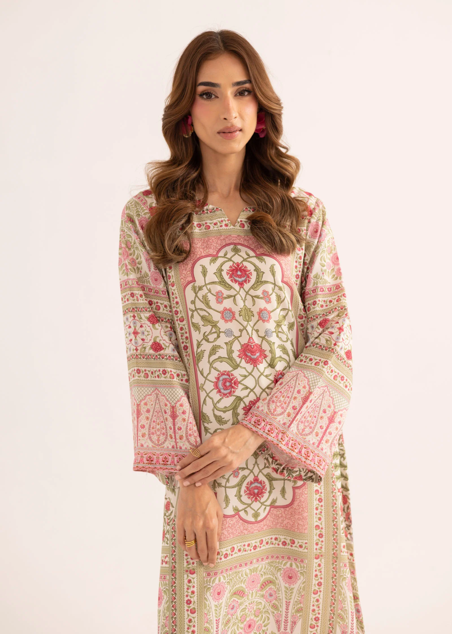 Ladies Peach Lawn Long Kaftan Online in KSA Riyadh Saudi Arabia Oman Bahrain Qatar