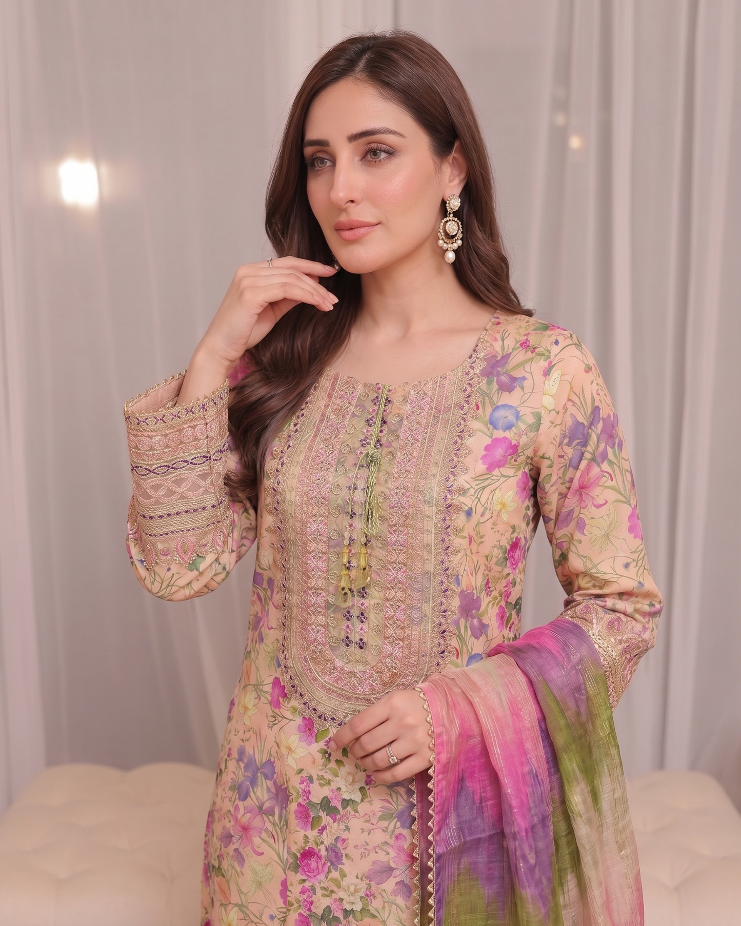 Ladies Peach Lawn Shalwar Kameez Online in KSA Riyadh Saudi Arabia Oman Bahrain Qatar