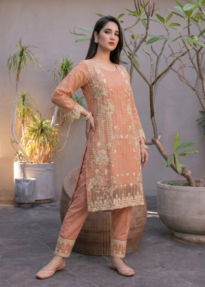 Ladies Peach Pink Designer Organza Suit Online in Dubai DXB UAE Abudhabi Meena Bazaar