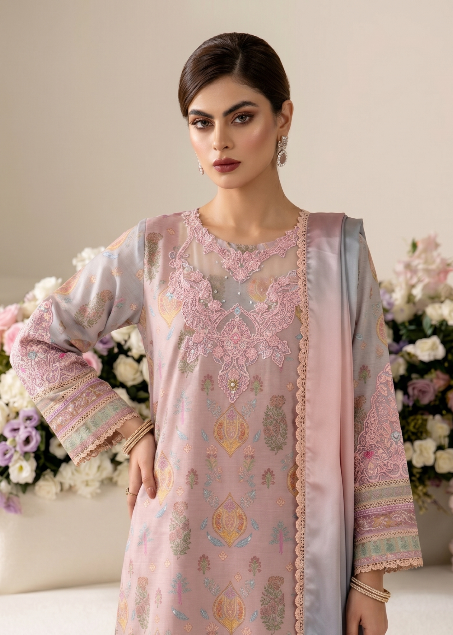 Ladies Peach Pink Embroidered Farshi Shalwar Suit Online in UK USA Canada