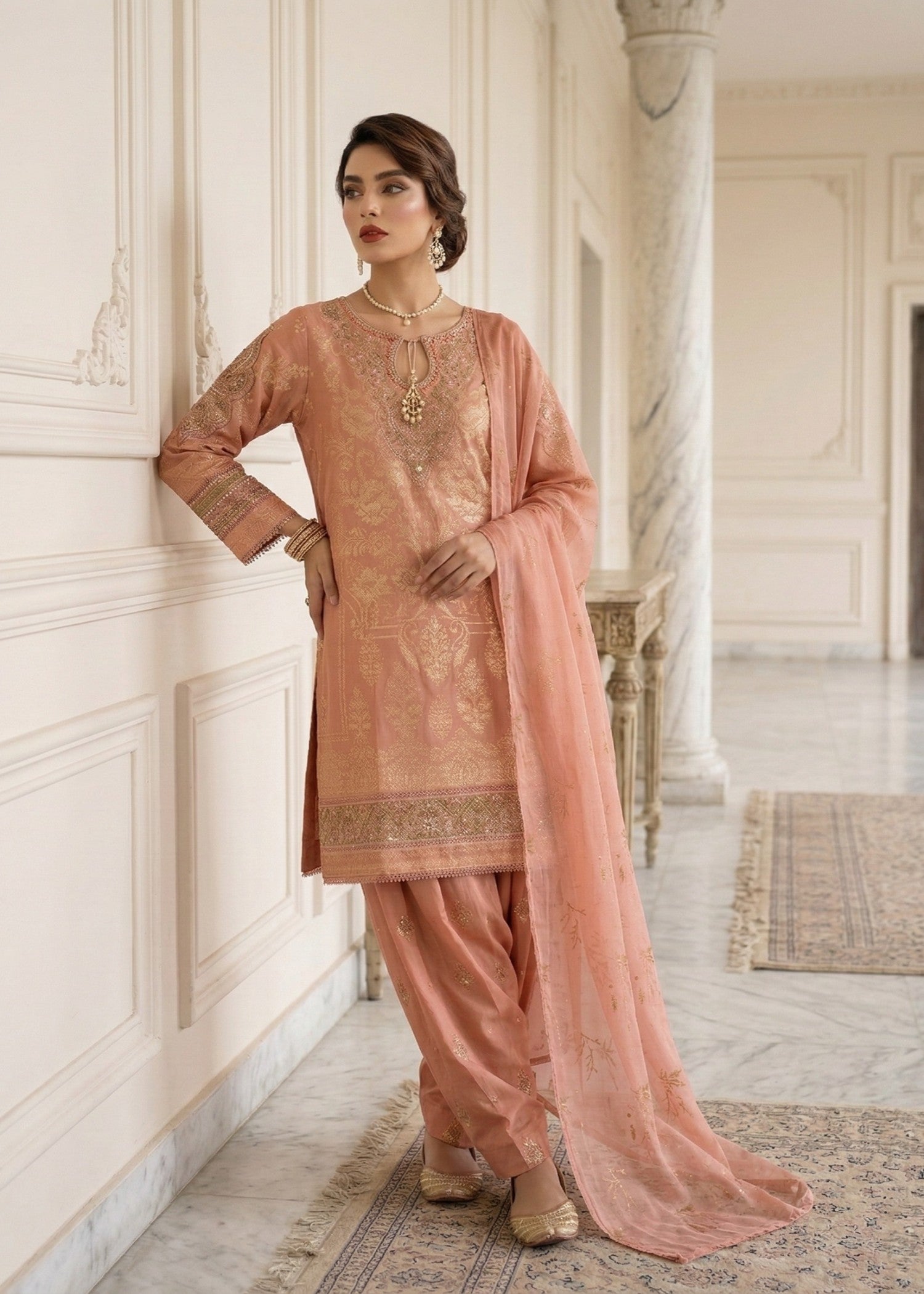 Ladies Peach Pink Embroidered Shalwar Kameez Online in UK USA Canada
