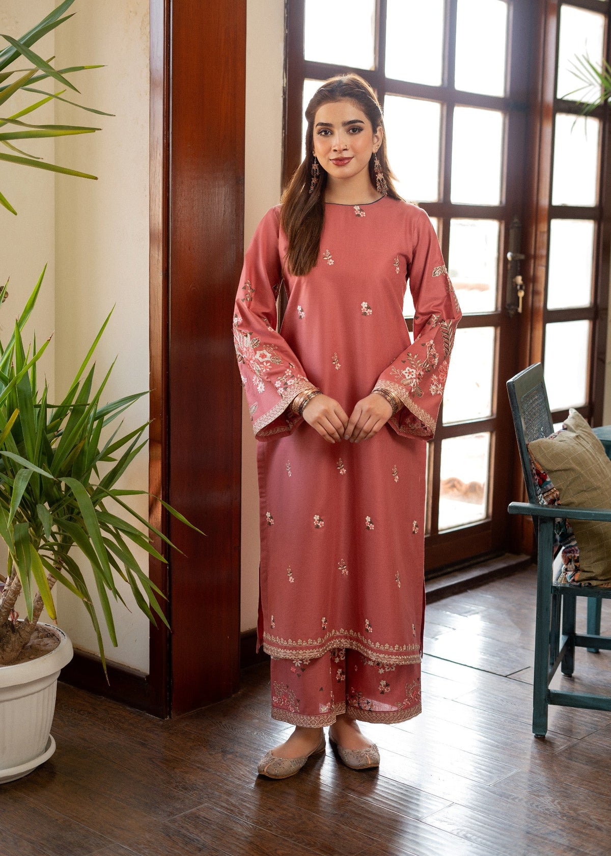 Ladies Peach Pink Lawn Kurta Set Online in UK USA Canada