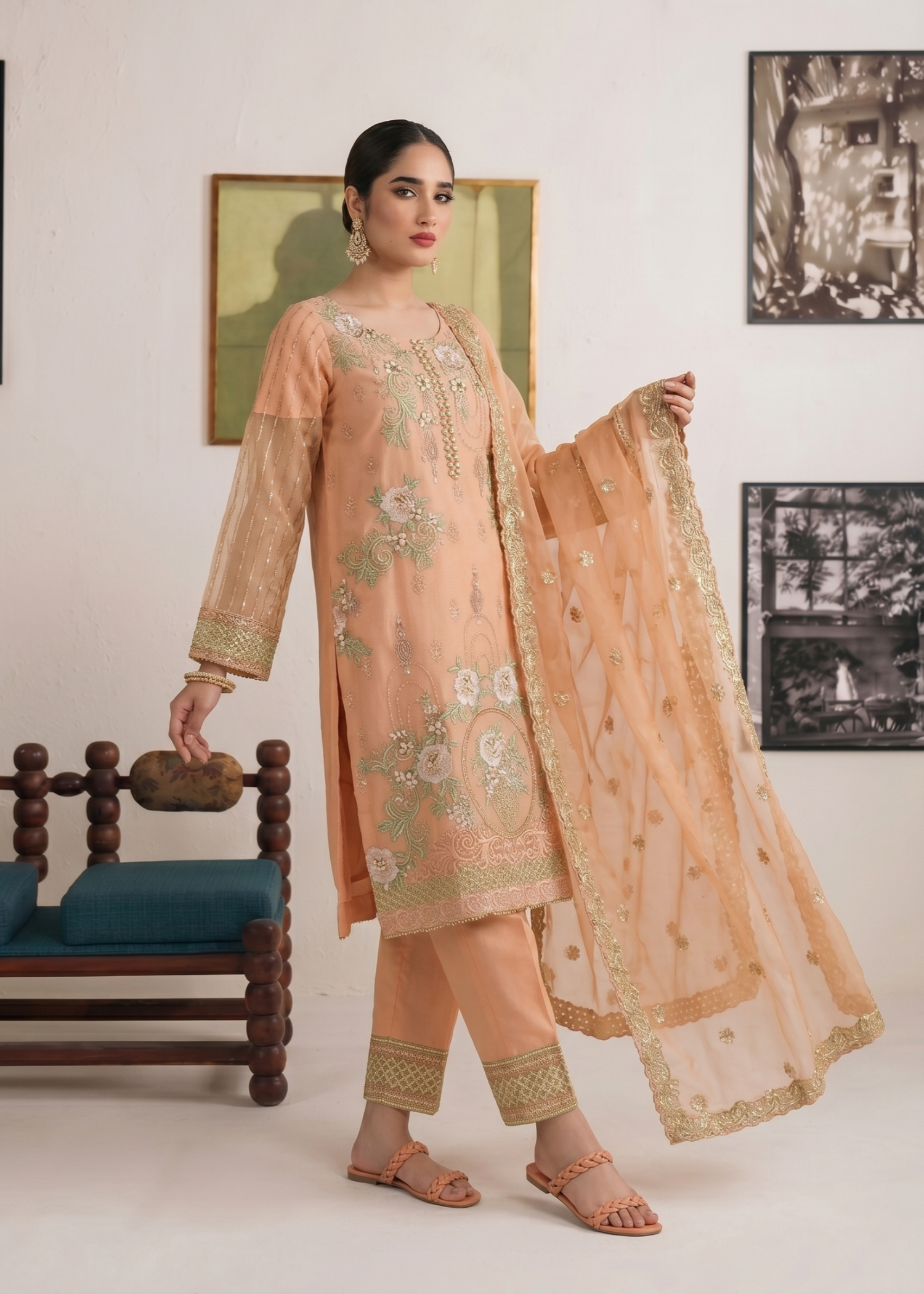 Ladies Peach Pink Organza Salwar Kameez Online in KSA Riyadh Saudi Arabia Oman Bahrain Qatar