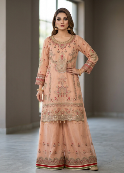 Ladies Peach Pink Sharara Gharara Suit Online in Dubai UAE Abudhabi Ajman Sharjah