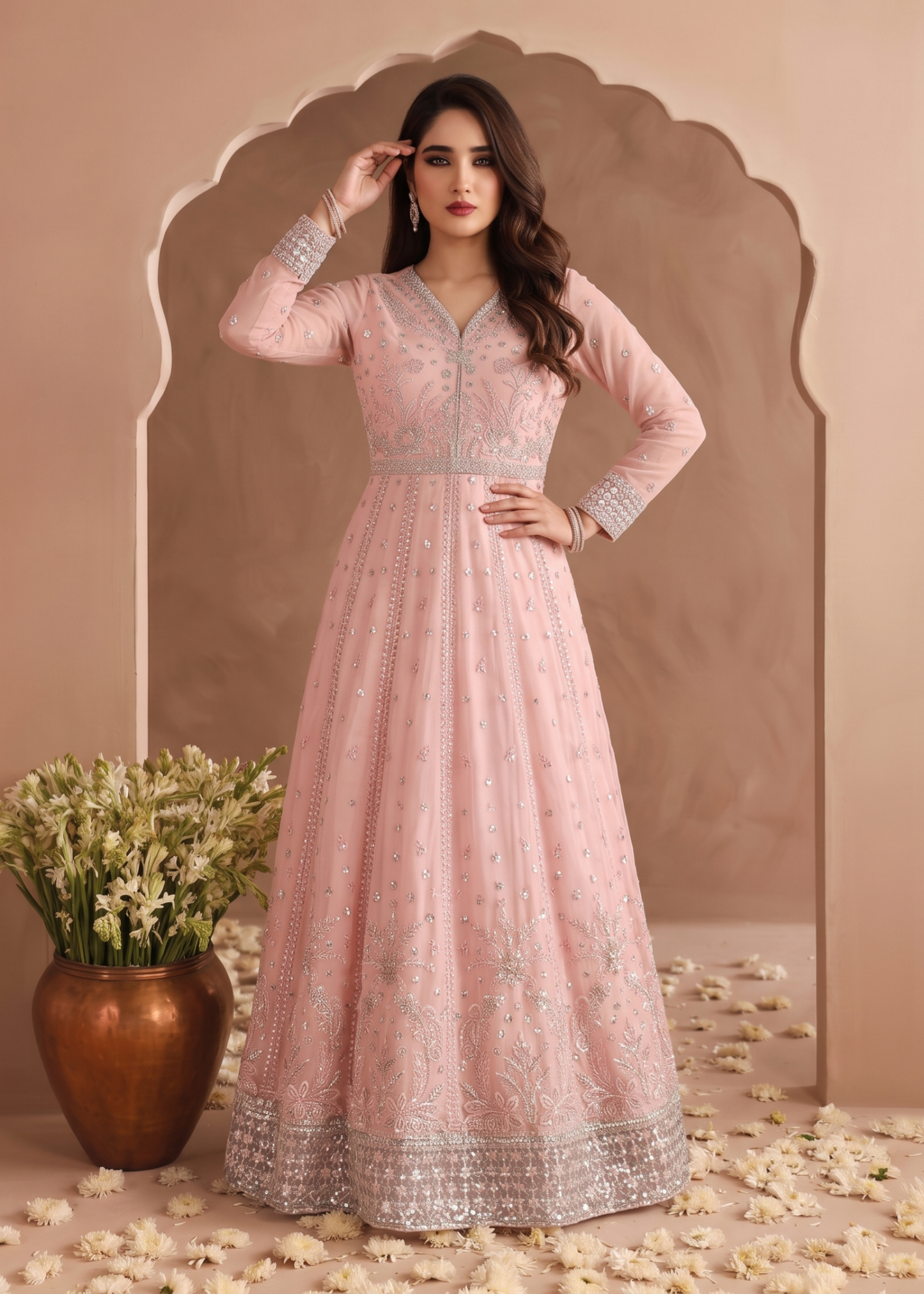 Ladies Pink Chiffon Flared Maxi Dress Online in Dubai UAE Abudhabi Ajman Sharjah