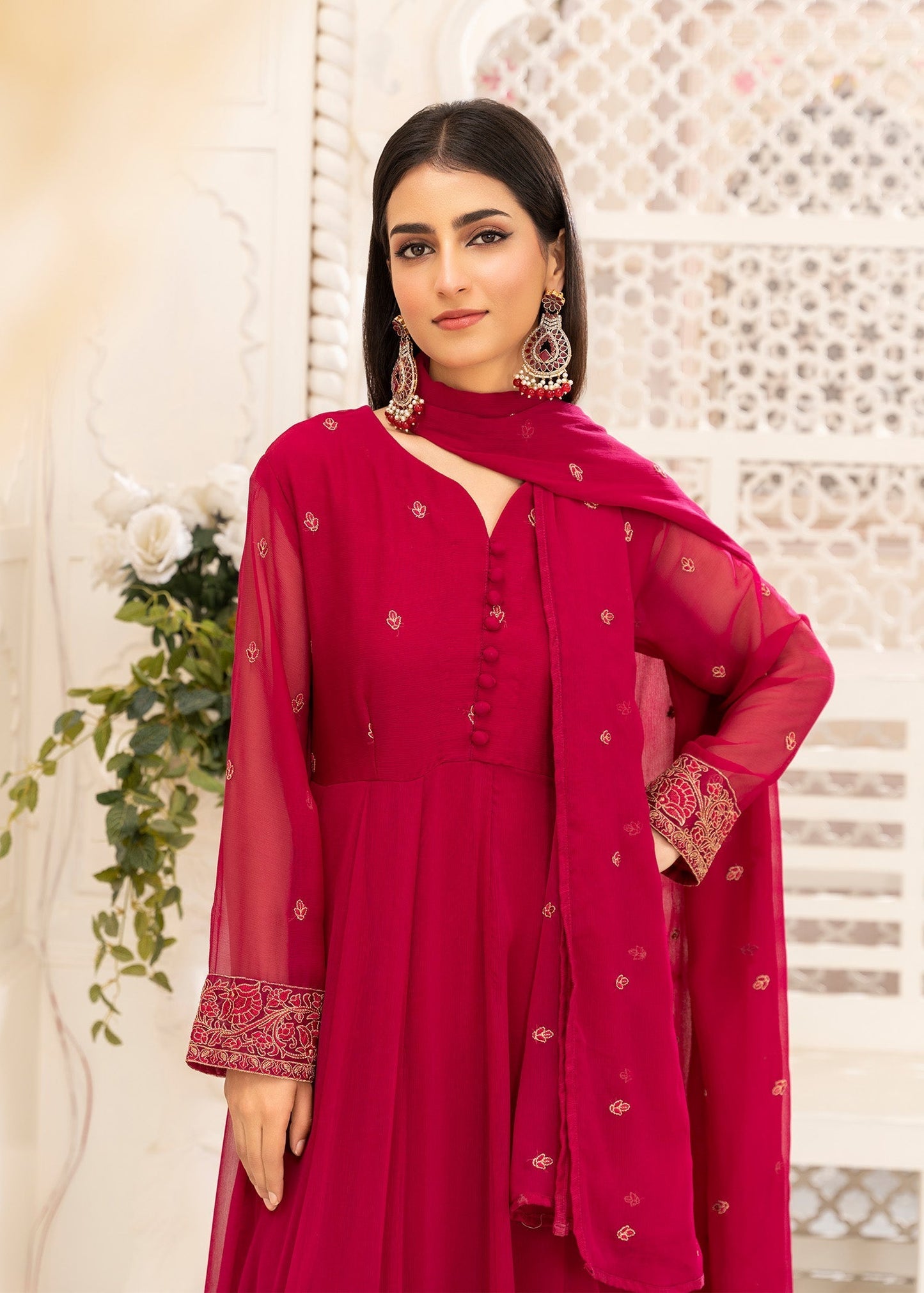 Ladies Pink Chiffon Partywear Suit Online in UK USA Canada