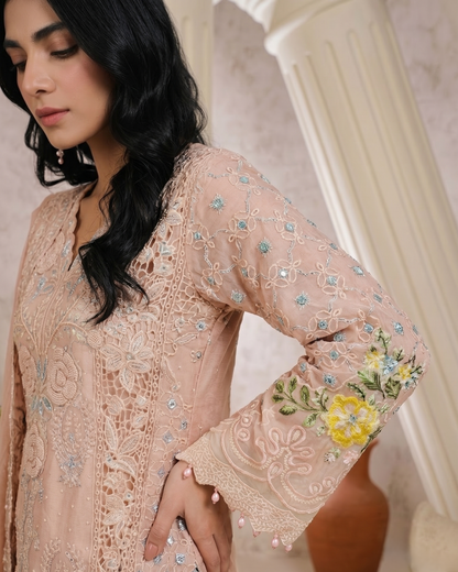Ladies Pink Chiffon Partywear Suit Online in UK USA Canada