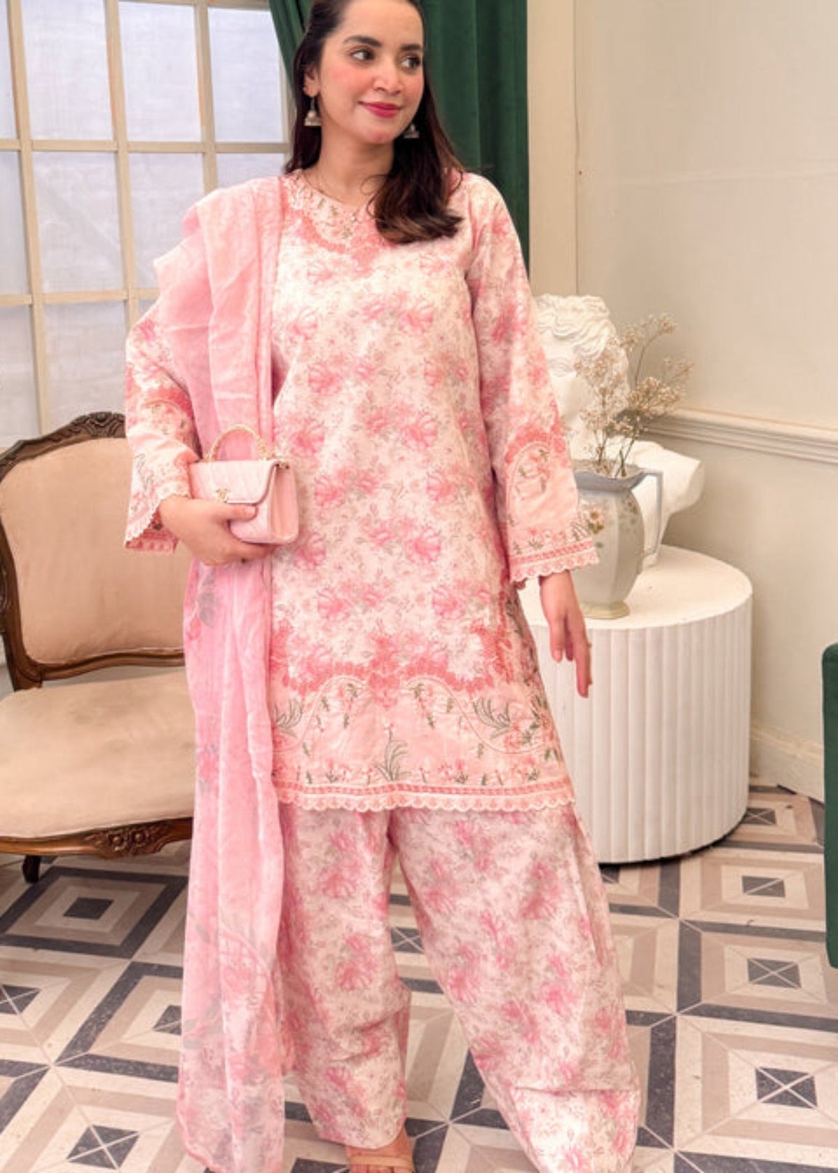 Ladies Pink Cotton Daily Wear Salwar Suit Online in KSA Riyadh Saudi Arabia Oman Bahrain Qatar
