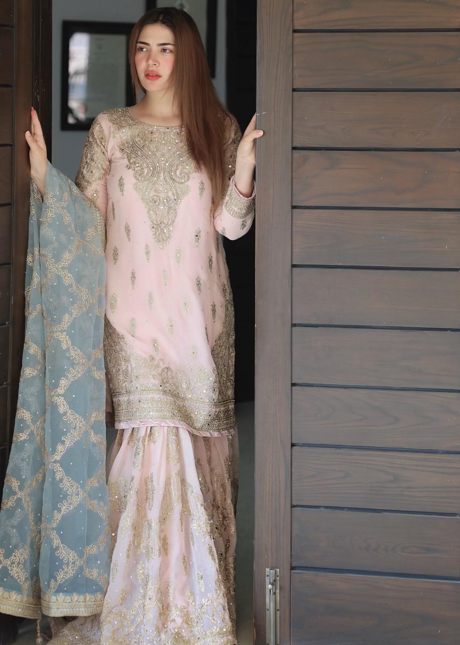 Ladies Pink Embellished Chiffon Suit Online in UK USA Canada