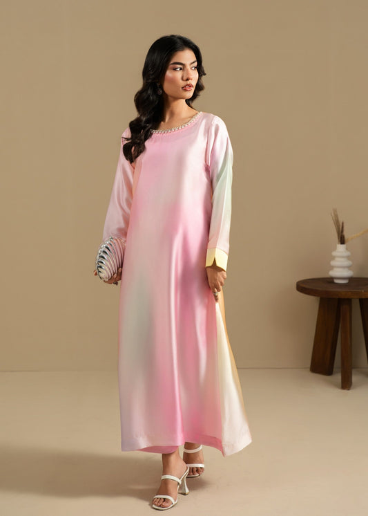 Ladies Pink Embellished Silk Charmeuse Partywear Suit Online in UK USA Canada
