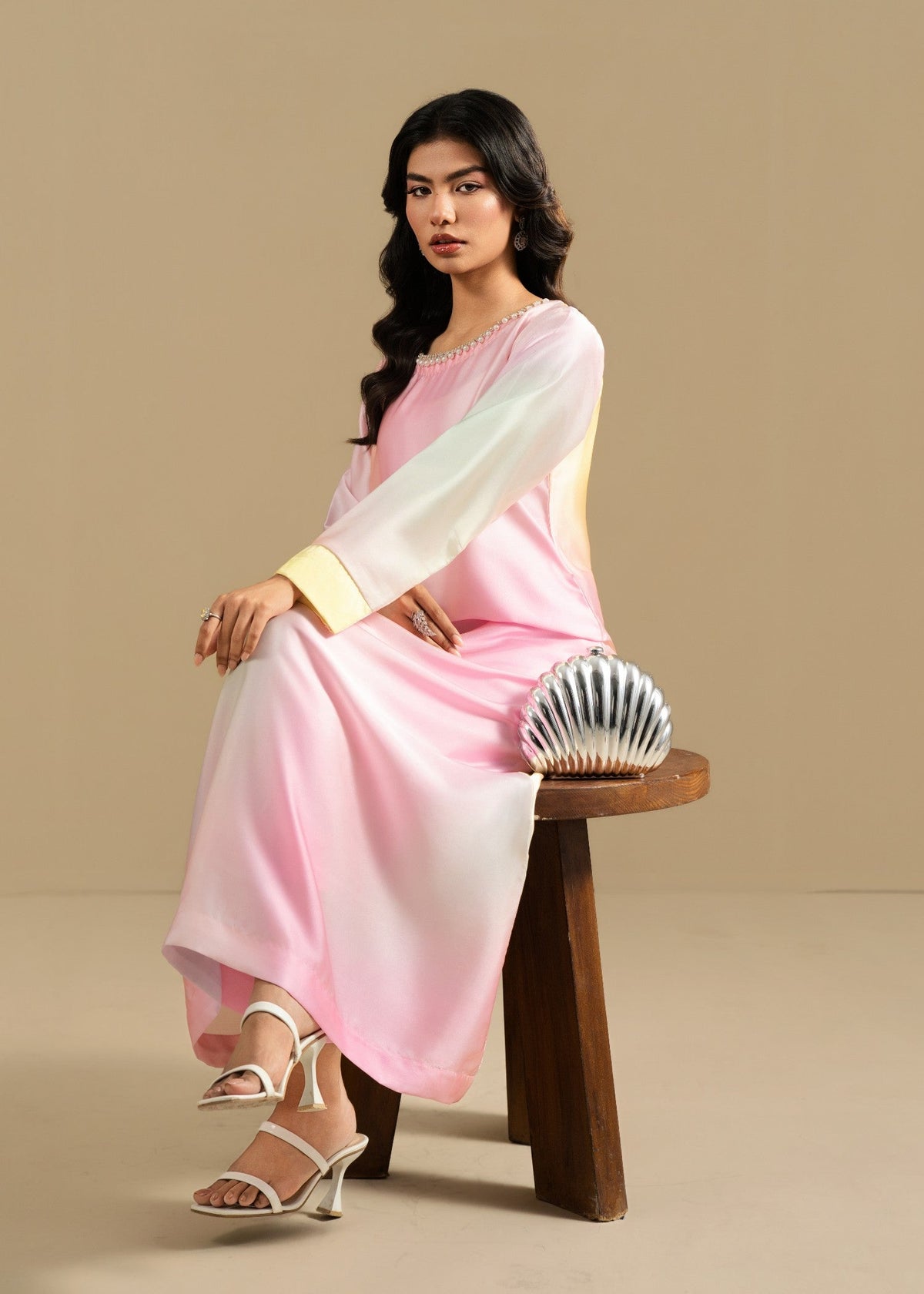 Ladies Pink Embellished Silk Charmeuse Partywear Suit Online in UK USA Canada