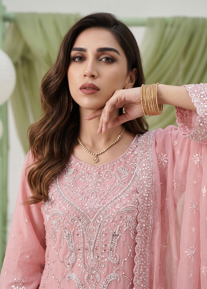 Ladies Pink Embroidered Chiffon Shalwar Kameez Online in UK USA Canada
