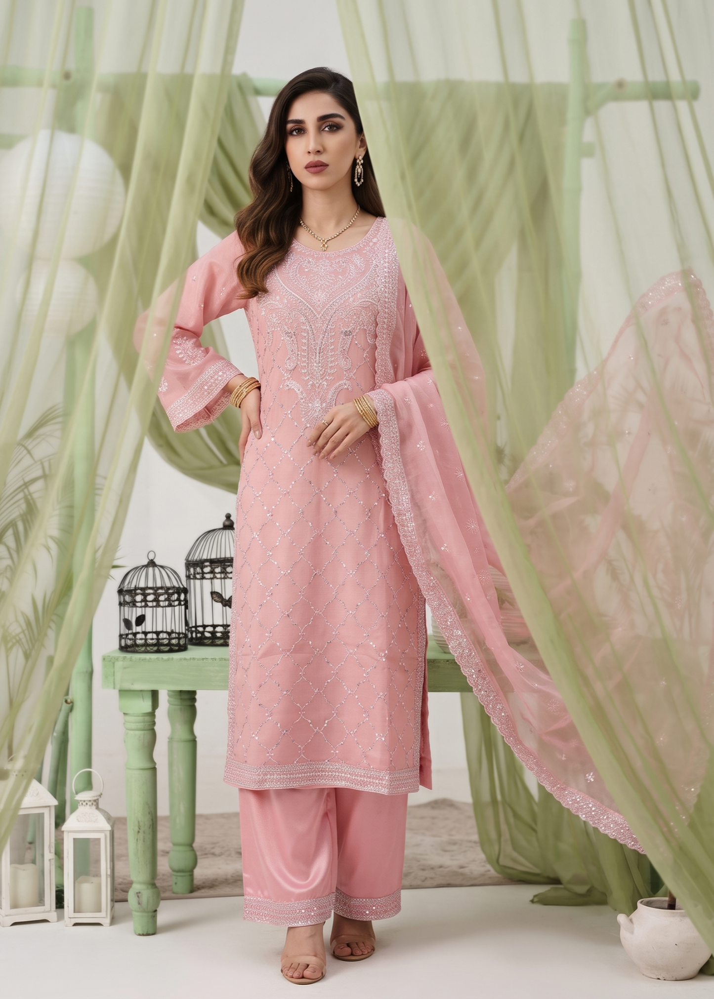Ladies Pink Embroidered Chiffon Shalwar Kameez Online in UK USA Canada