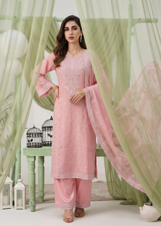Ladies Pink Embroidered Chiffon Shalwar Kameez Online in UK USA Canada
