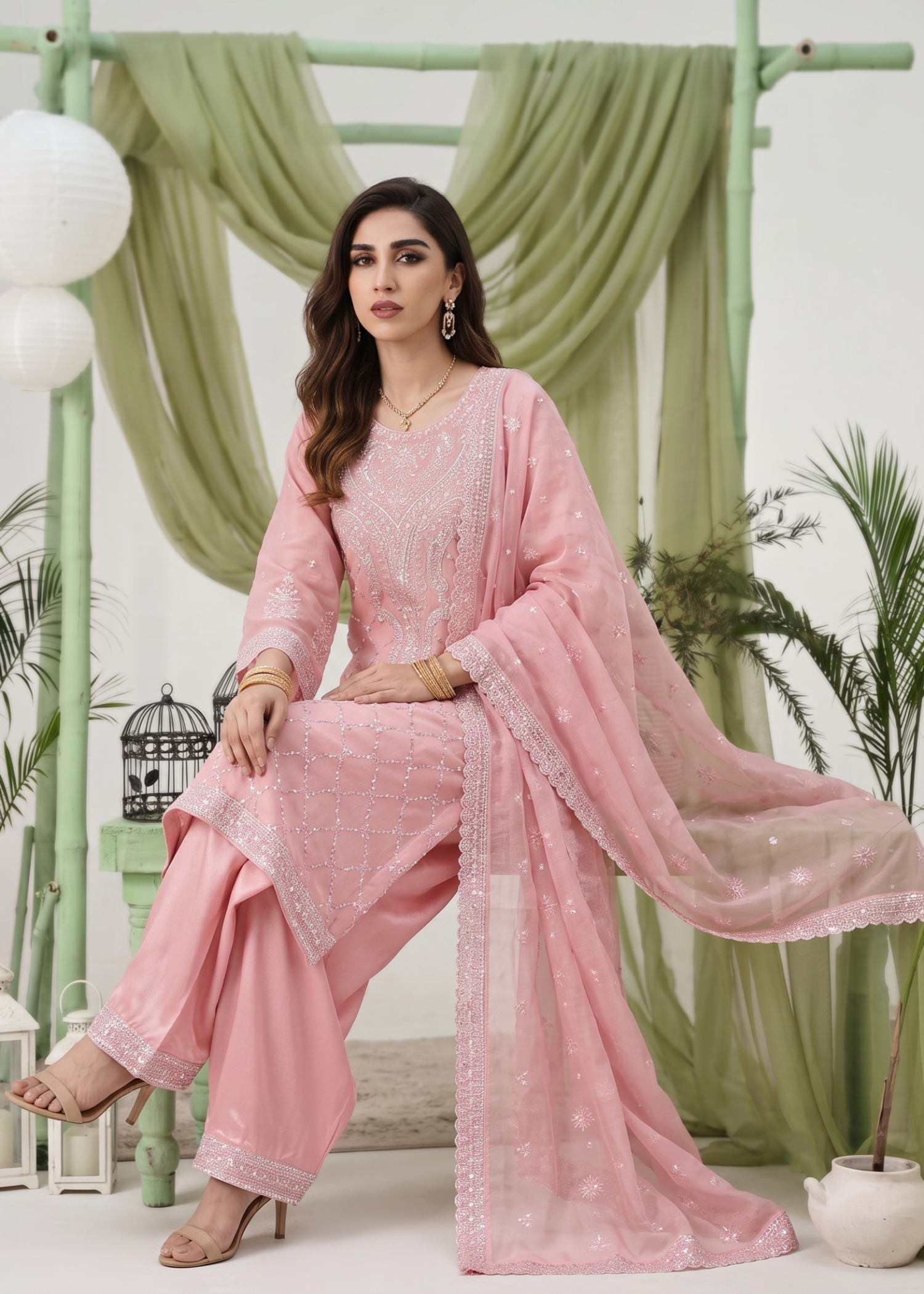 Ladies Pink Embroidered Chiffon Suit Online in UK USA Canada