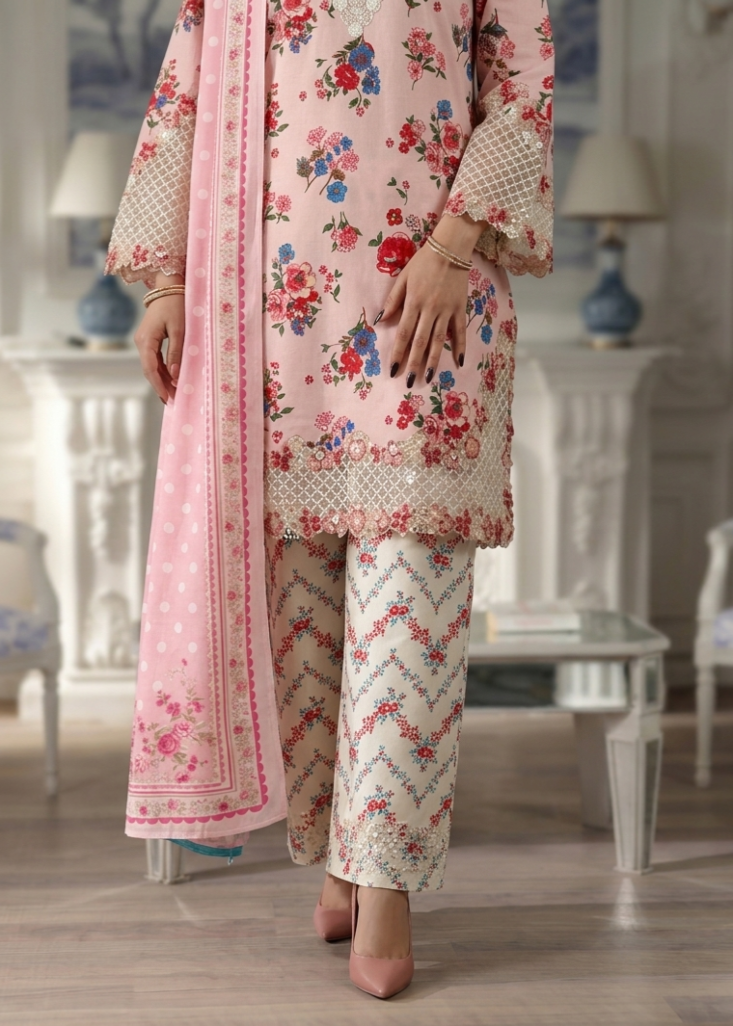 Ladies Pink Embroidered Lawn Festive Wear Online in UK USA Canada