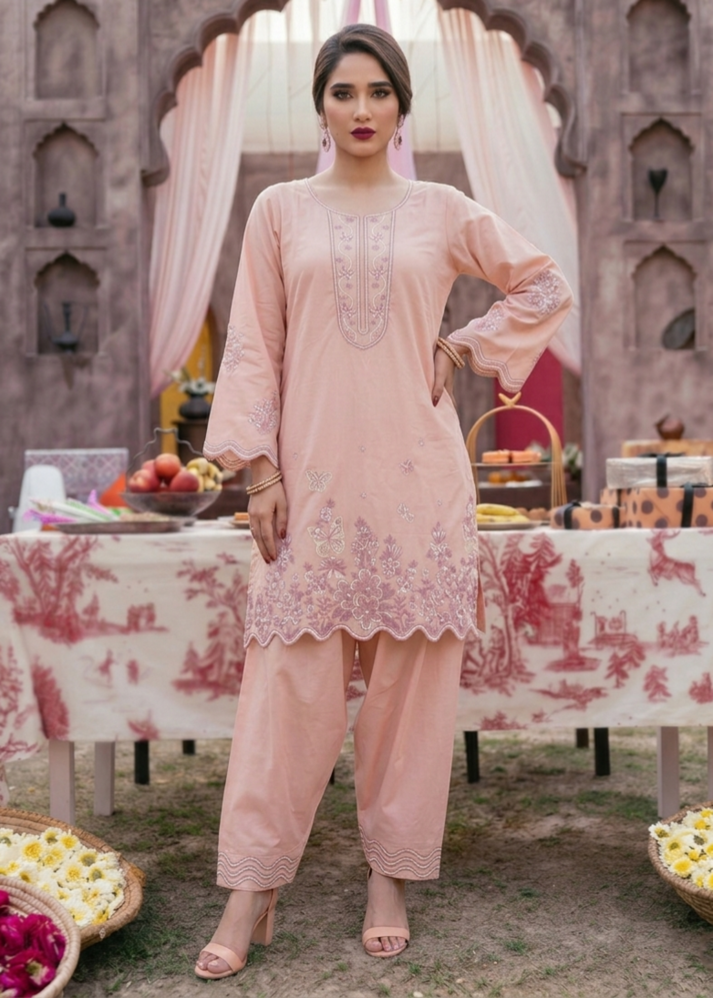 Ladies Pink Embroidered Lawn Shalwar Kameez Online in UK USA Canada