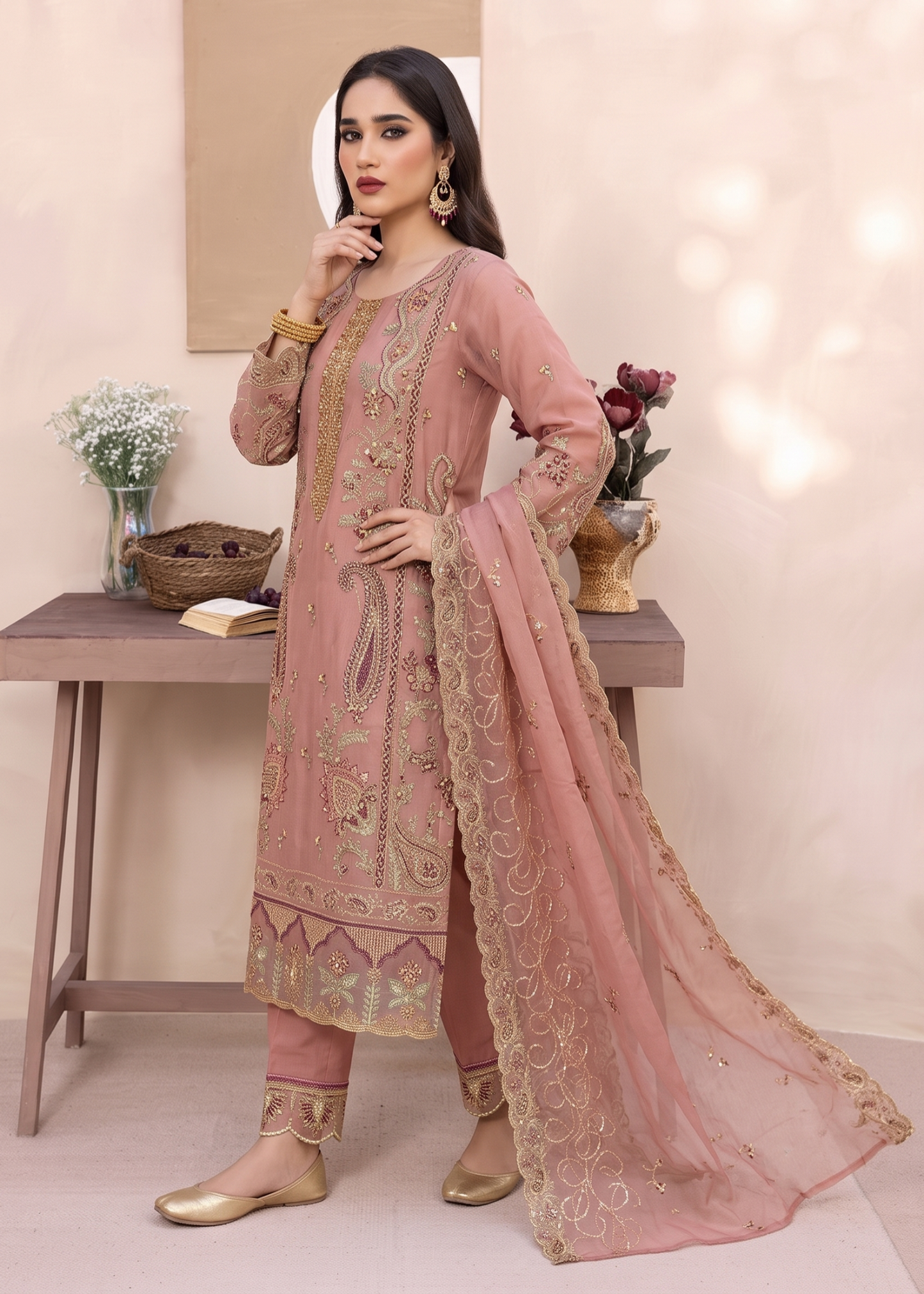 Ladies Pink Embroidered Organza Festive Suit Online in UK USA Canada