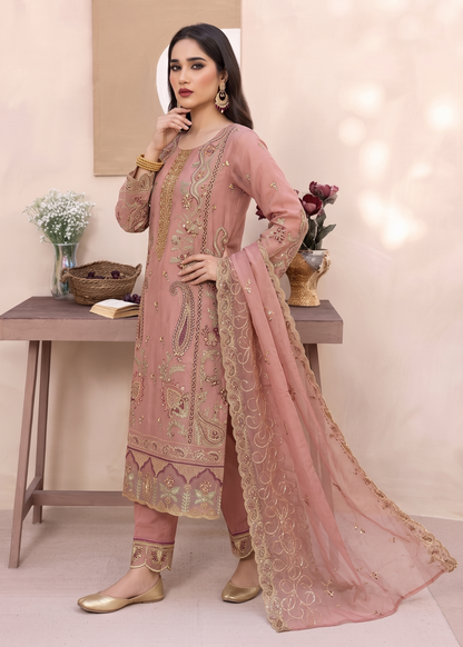 Ladies Pink Embroidered Organza Festive Suit Online in UK USA Canada