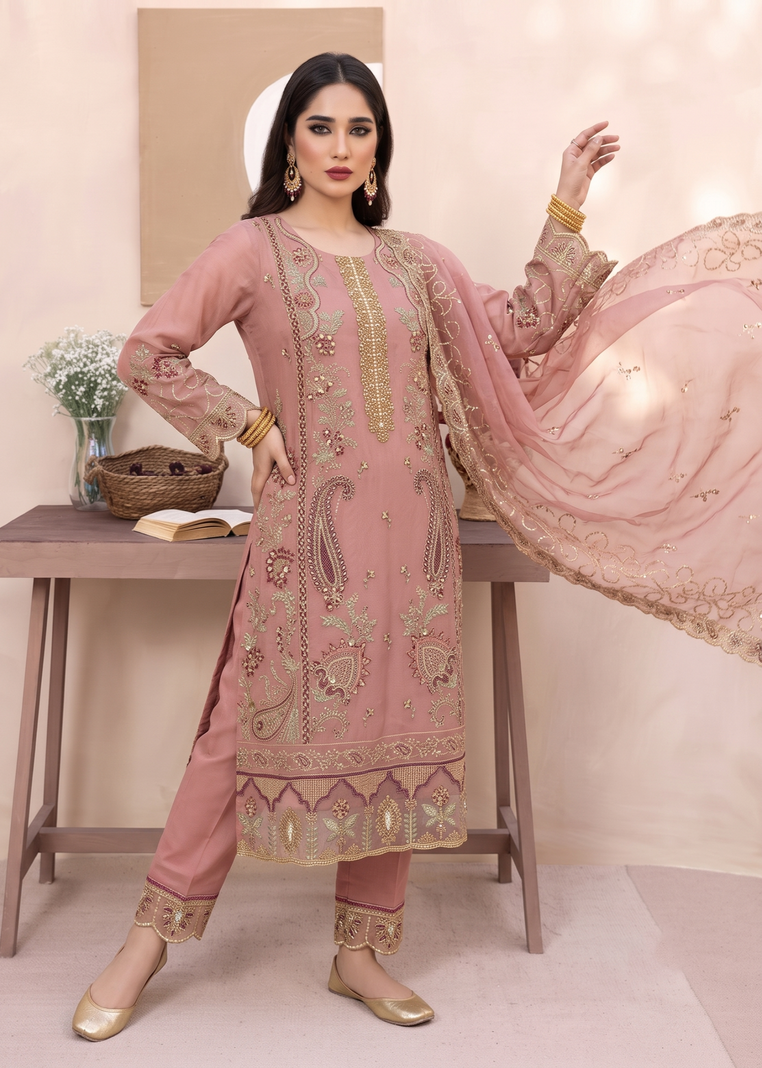 Ladies Pink Embroidered Organza Pakistani Suit Online in UK USA Canada