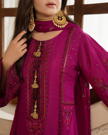 Ladies Pink Embroidered Tussar Silk Shalwar Kameez Online in UK USA Canada