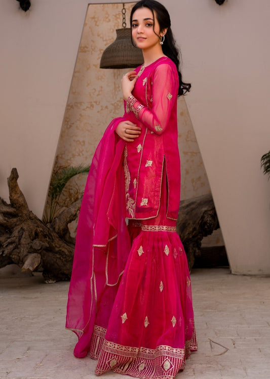 Ladies Pink Flared Gharara Organza Suit Online in KSA Riyadh Saudi Arabia Oman Bahrain Qatar