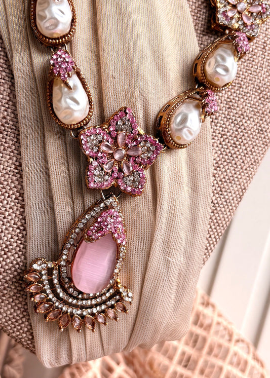Ladies Pink Kundan Style Jewellery Set Online in KSA Riyadh Saudi Arabia Oman Bahrain Qatar