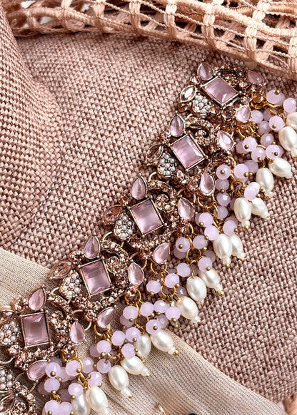 Ladies Pink Necklace Set with Stone Work Online in UK USA Canada