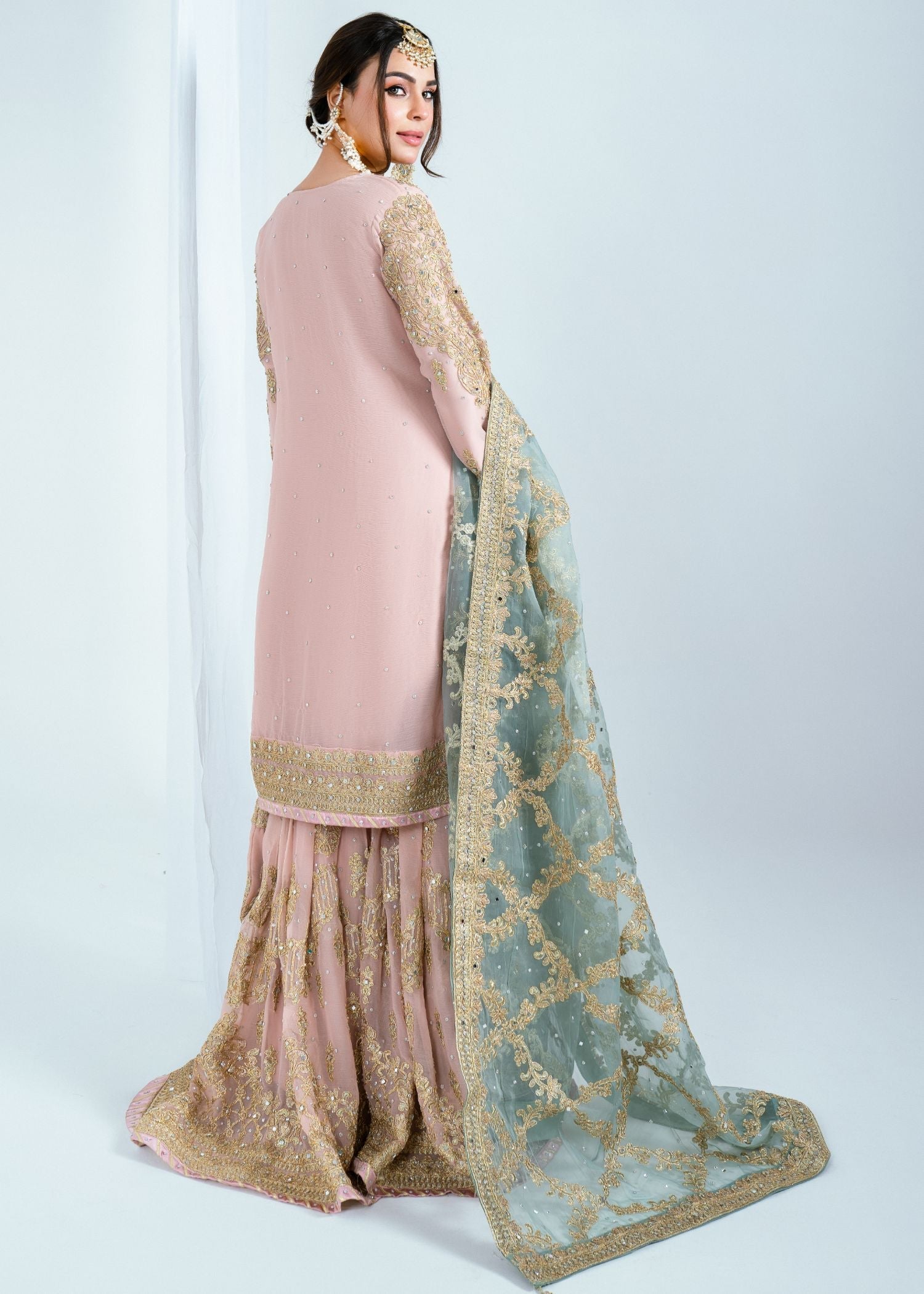 Ladies Pink Organza Dupatta Gharara Online in UK USA Canada