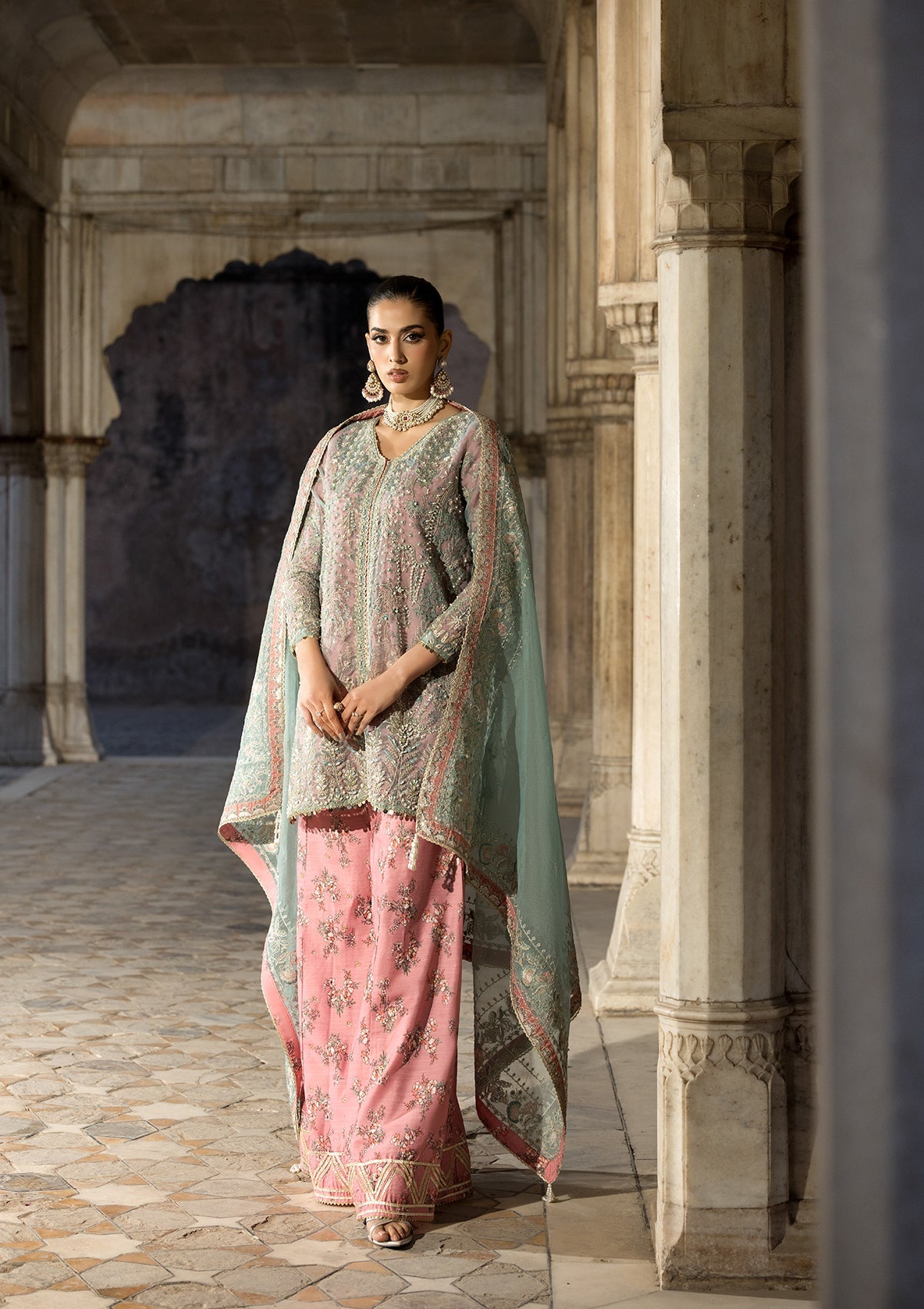 Ladies Pink Tilla Embroidered Organza Festive Outfit Online in UK USA Canada