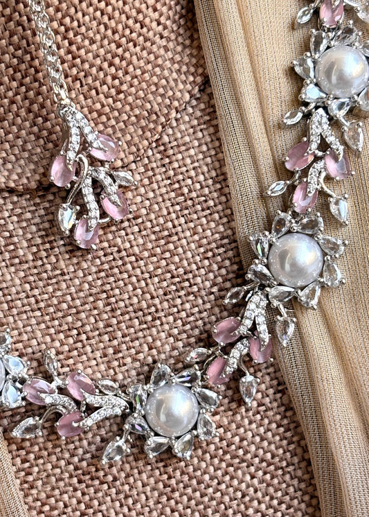 Ladies Pink Zircon Necklace Earrings Tikka Set Online in KSA Riyadh Saudi Arabia Oman Bahrain Qatar