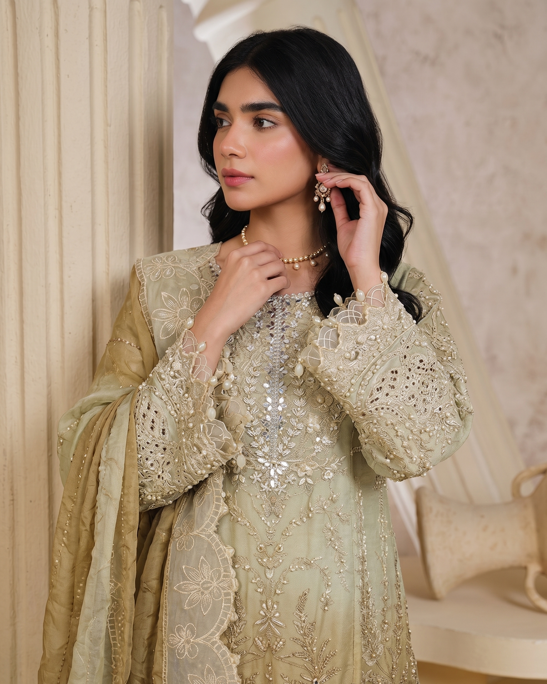 Ladies Pistachio Chiffon Salwar Kameez Online in KSA Riyadh Saudi Arabia Oman Bahrain Qatar