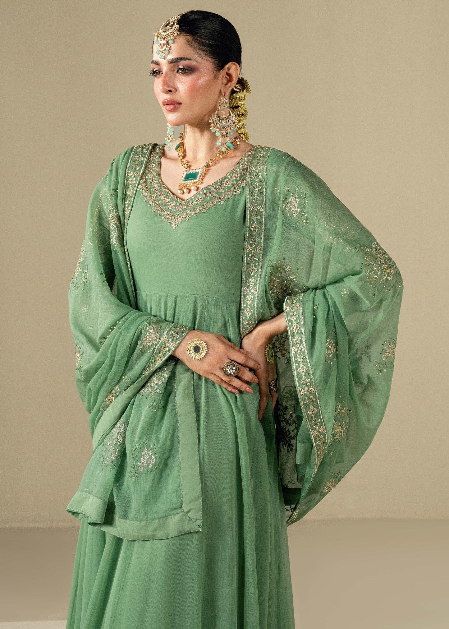 Ladies Pistachio Embroidered Chiffon Partywear Suit Online in KSA Riyadh Saudi Arabia Oman Bahrain Qatar