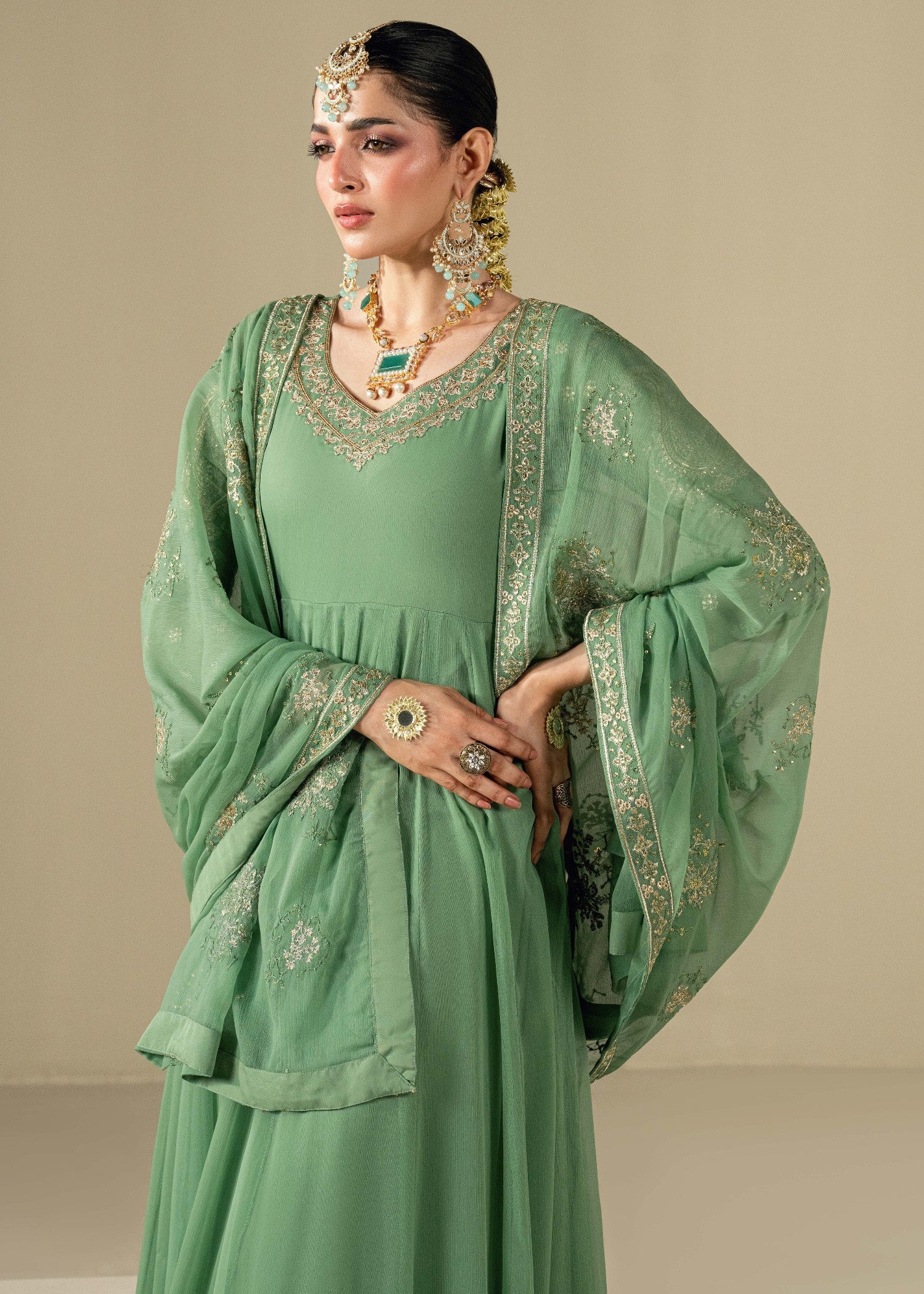 Ladies Pistachio Embroidered Chiffon Partywear Suit Online in KSA Riyadh Saudi Arabia Oman Bahrain Qatar
