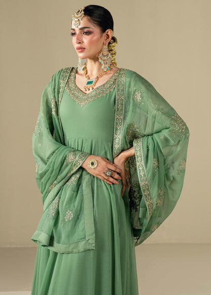 Ladies Pistachio Embroidered Chiffon Partywear Suit Online in KSA Riyadh Saudi Arabia Oman Bahrain Qatar