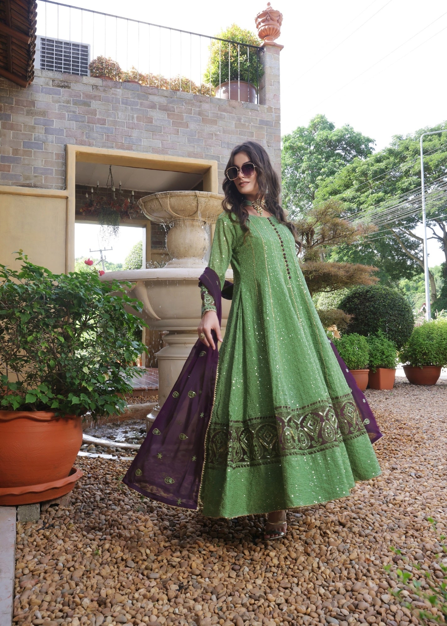 Ladies Pistachio Green Embellished Chiffon Suit Online in UK USA Canada