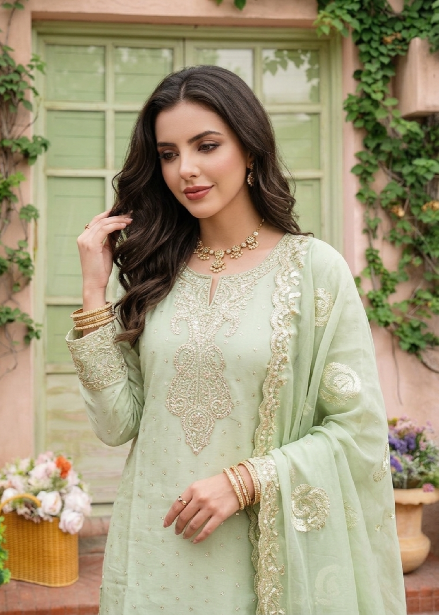 Ladies Pistachio Green Embroidered Chiffon Suit Online in UK USA Canada